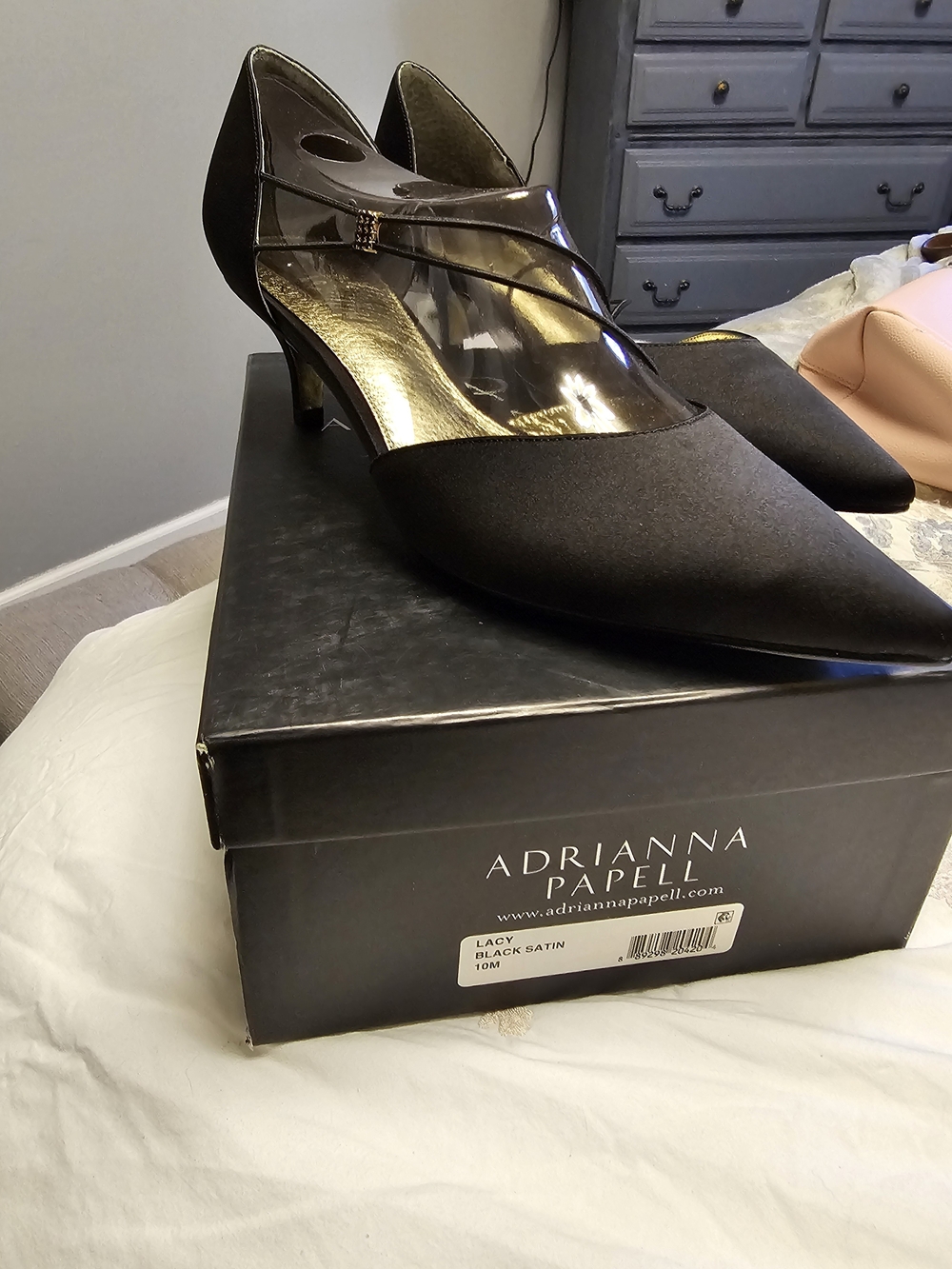 Adrianna Papell Black Satin Pointed Toe Strap Heels